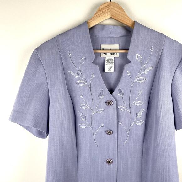 80s Vintage Floral Embroidered Blouse Top Jacket Lilac Purple Short Sleeve Sz 8 - Picture 2 of 5